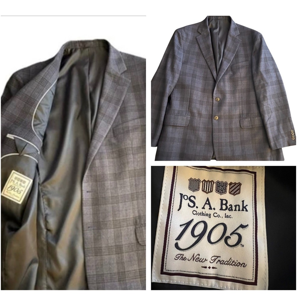 Jos. A. Bank Mens 44R Tailored Fit‎ 100% Wool Plaid Sport Coat Blazer Navy Plaid - Picture 2 of 16
